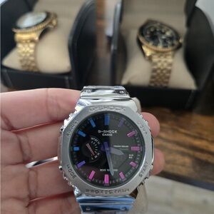 G-Shock Silver and Black Smartwatch with Pink Accents